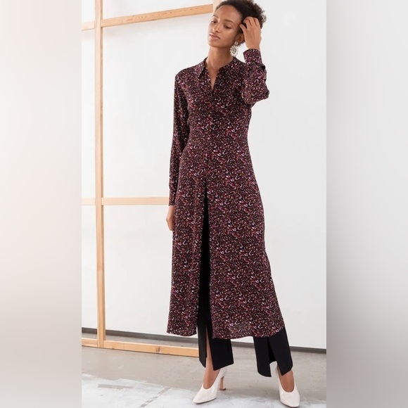 & Other Stories Dresses & Skirts - & Other Stories Black Pink Ditsy Floral Collared Midi Shirt Dress Long Sleeve 2